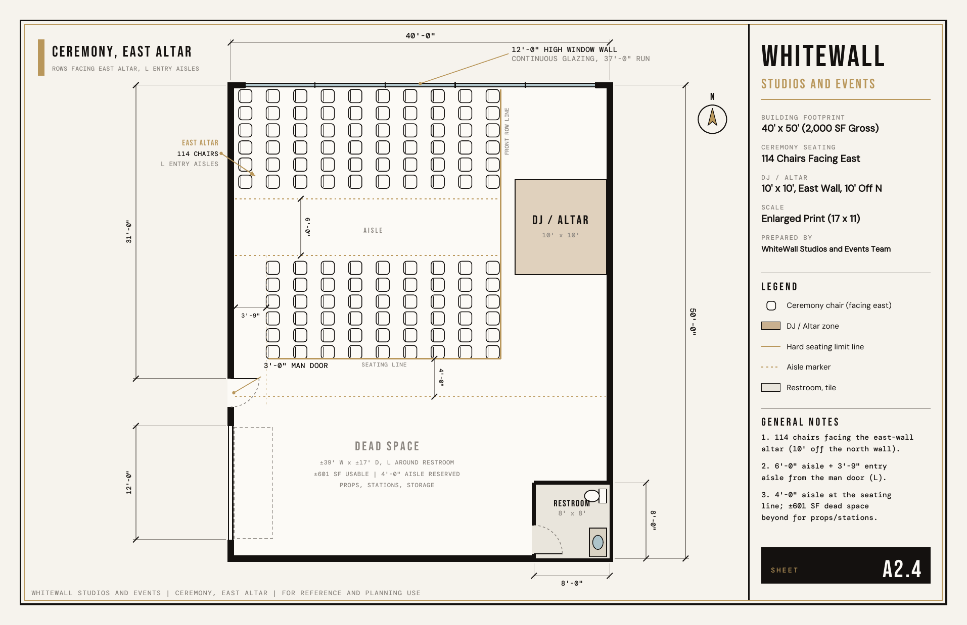 Ceremony seating floor plan facing an east-wall altar