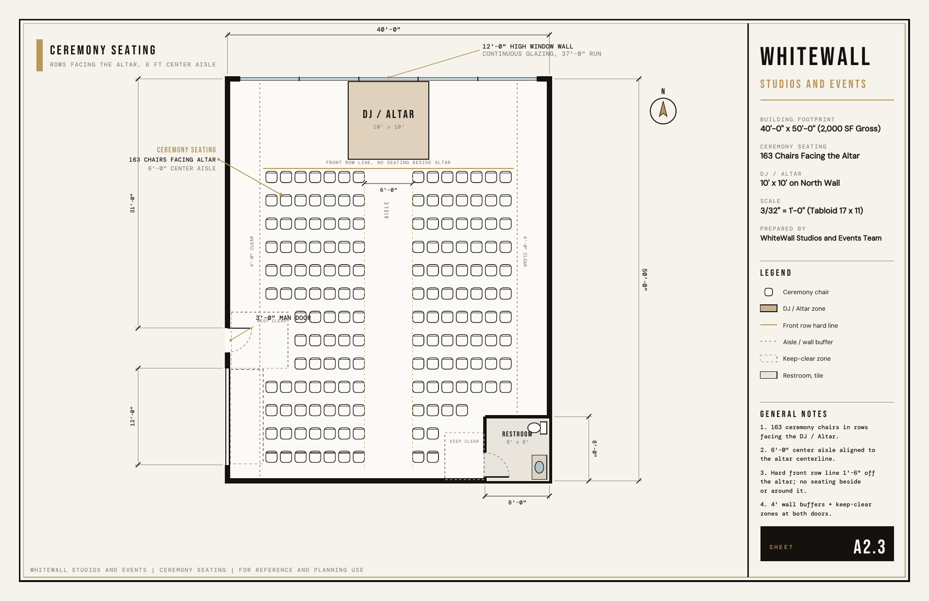 Ceremony seating floor plan facing an altar