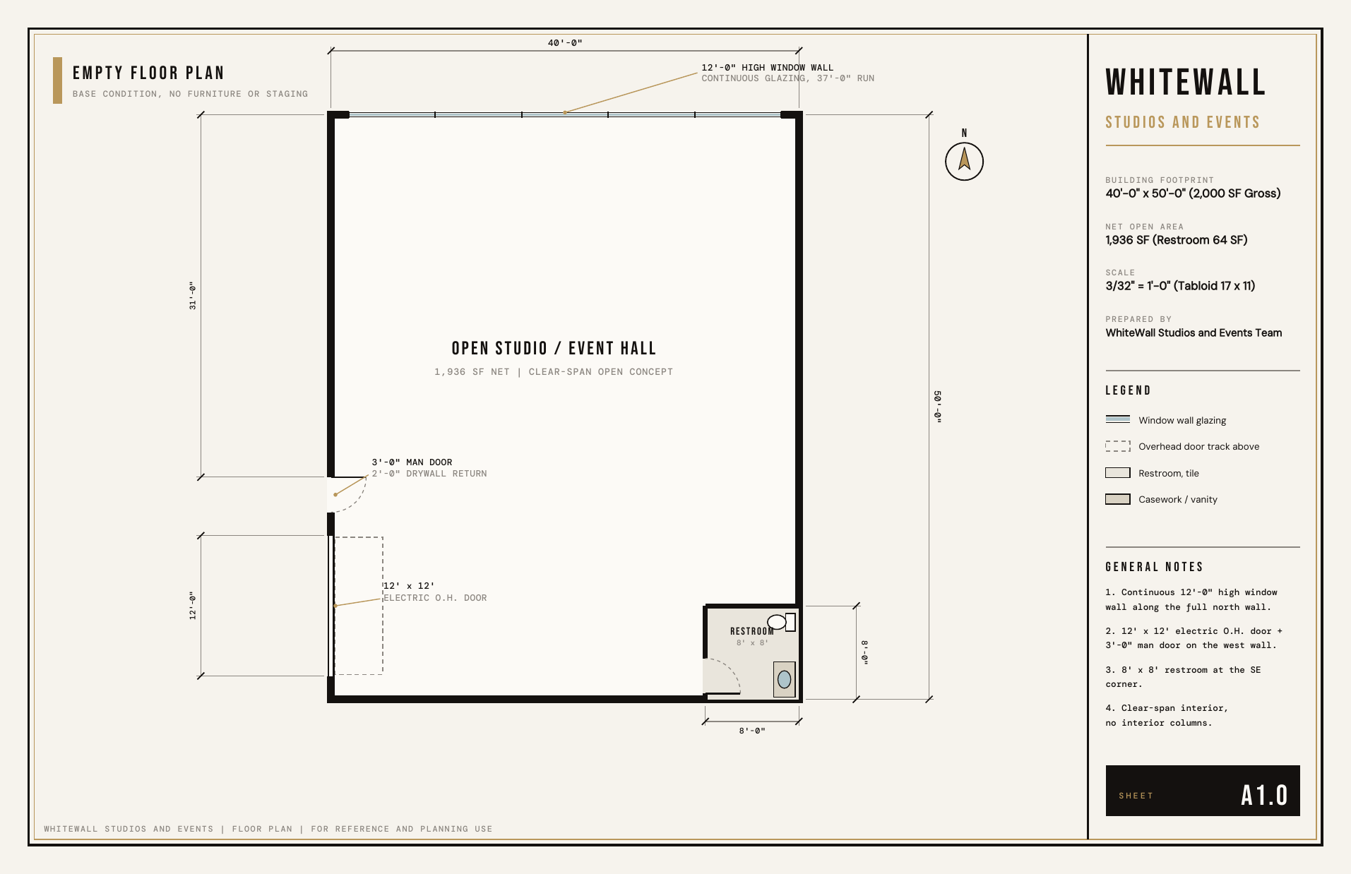 Empty studio floor plan with full dimensions