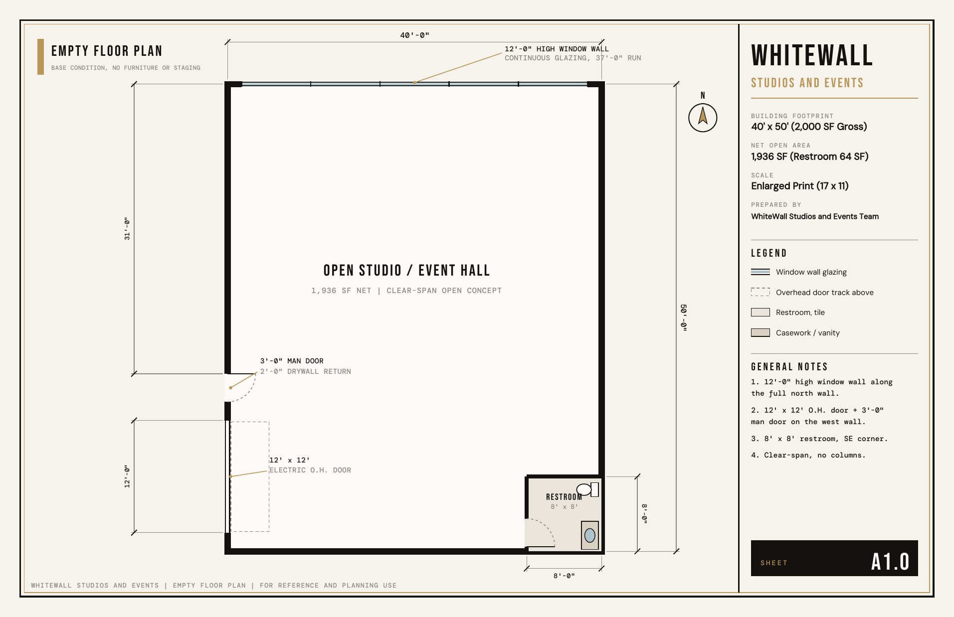 Empty studio floor plan with full dimensions